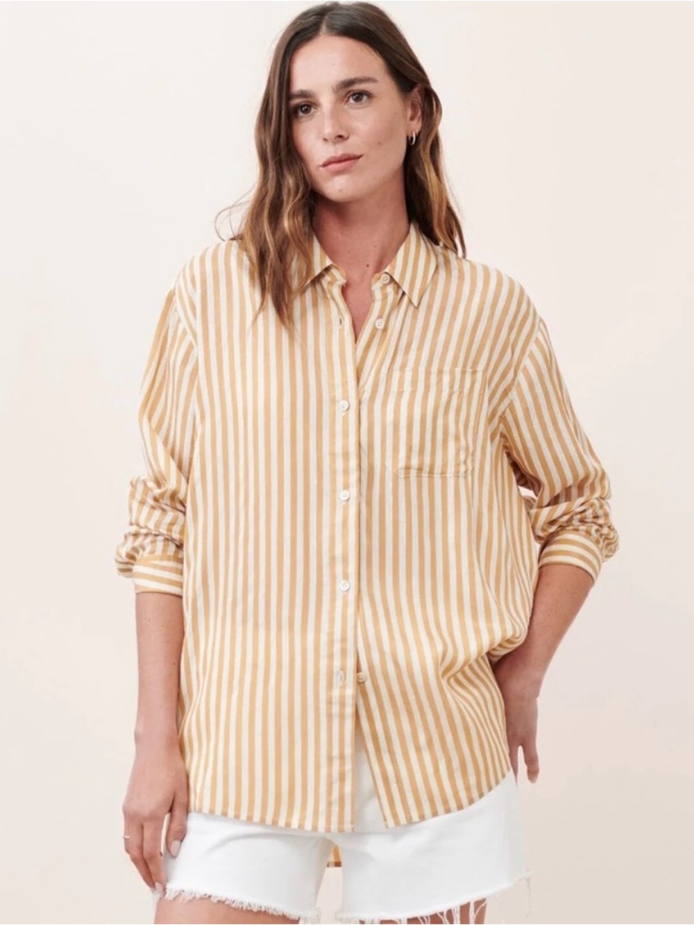 Jenni Kayne Striped Tan and White Button-Front Shirt